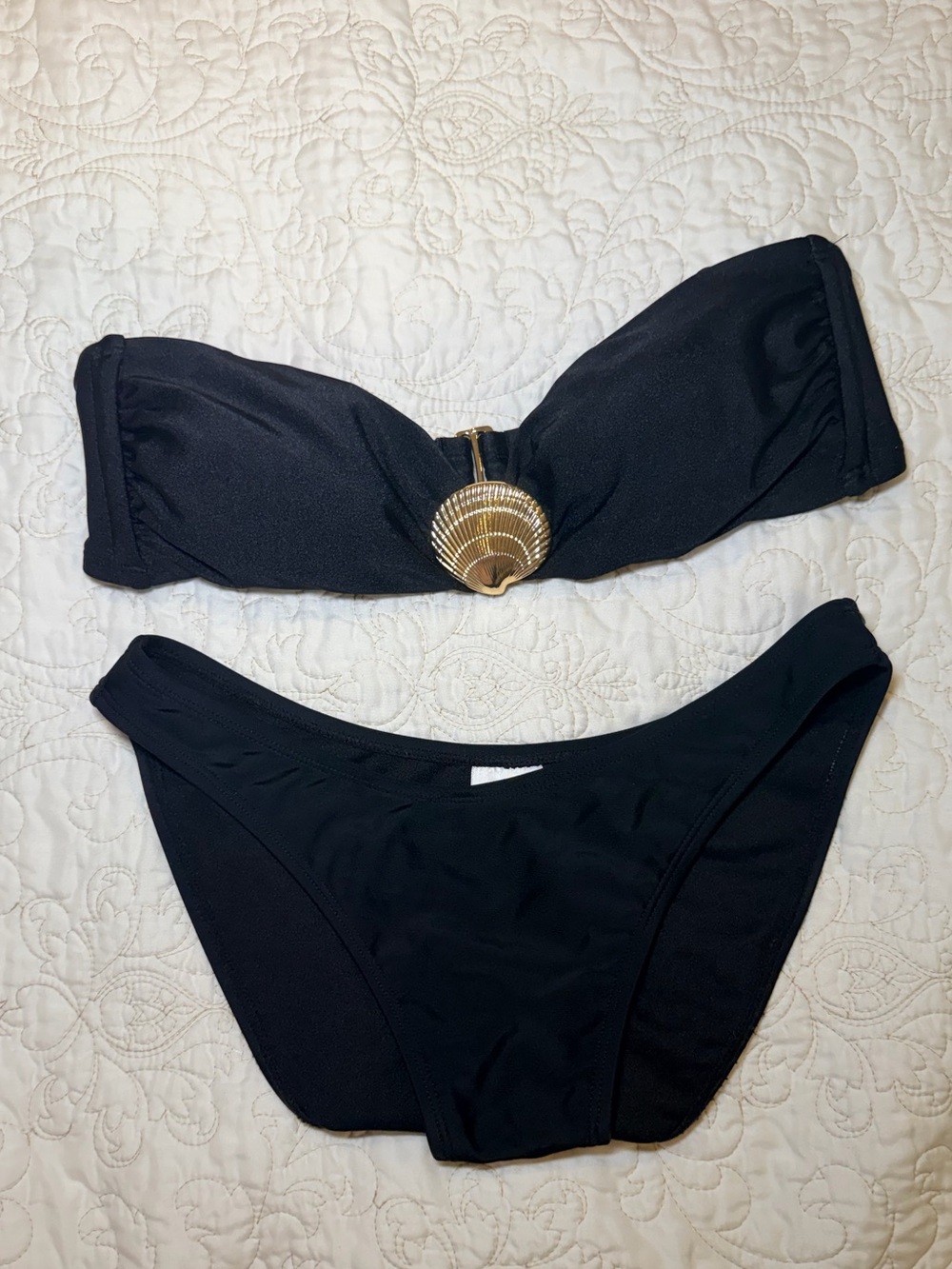 Black Strapless Bikini Set with Gold Shell Accent